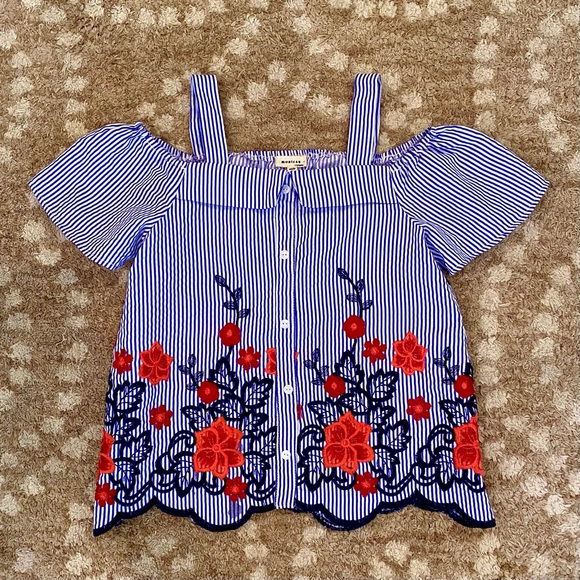 Monteau Tops - Monteau Coral & Navy Embroidered Floral Top